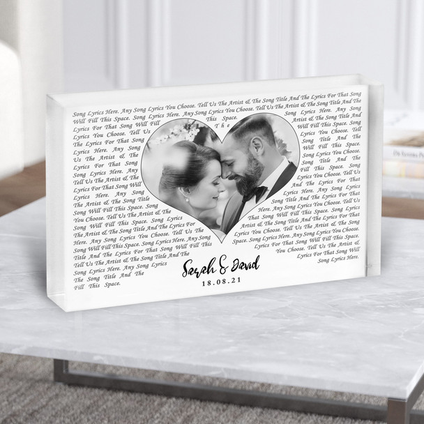 Landscape White Heart Any Text Wedding Photo Any Song Lyric Acrylic Block