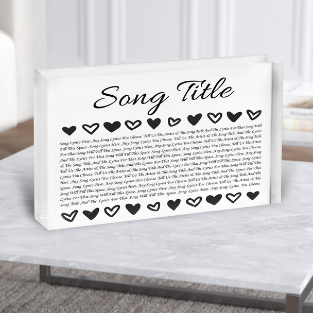 Landscape Row Of Hearts Black & White Any Song Lyric Acrylic Block