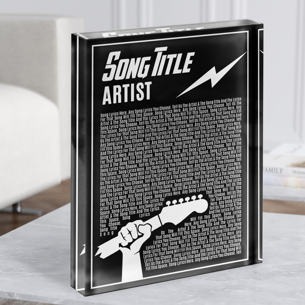 Black & White Guitar Lightening Rock Any Song Lyric Acrylic Block