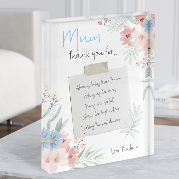 Mum Thank You For List Note Floral Pretty Personalised Gift Acrylic Block