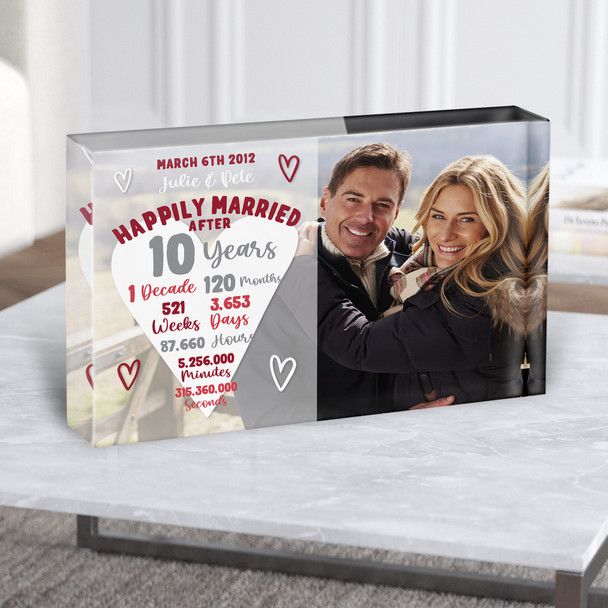 10 Years 10th Anniversary Wedding Heart Photo Personalised Gift Acrylic Block