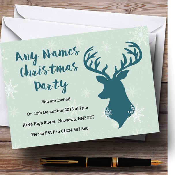 Green Stag and Snowflakes Customised Christmas Party Invitations