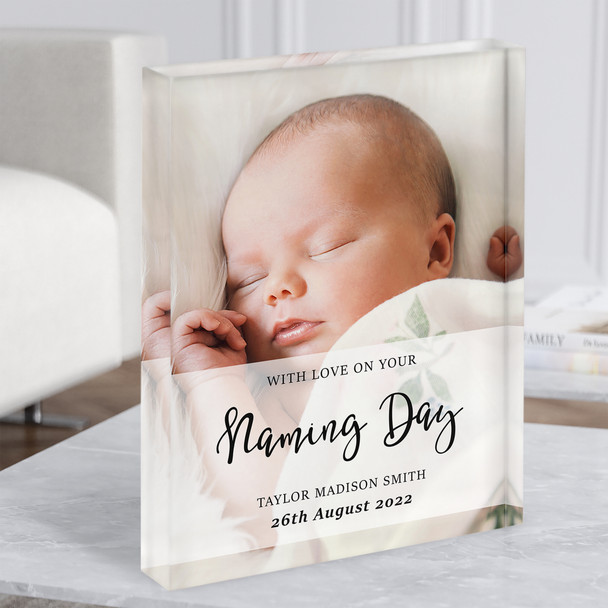 Naming Day Photo Minimal Details Personalised Gift Acrylic Block