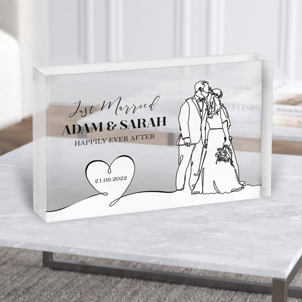 Just Married Wedding Day Line Art Details Personalised Gift Acrylic Block