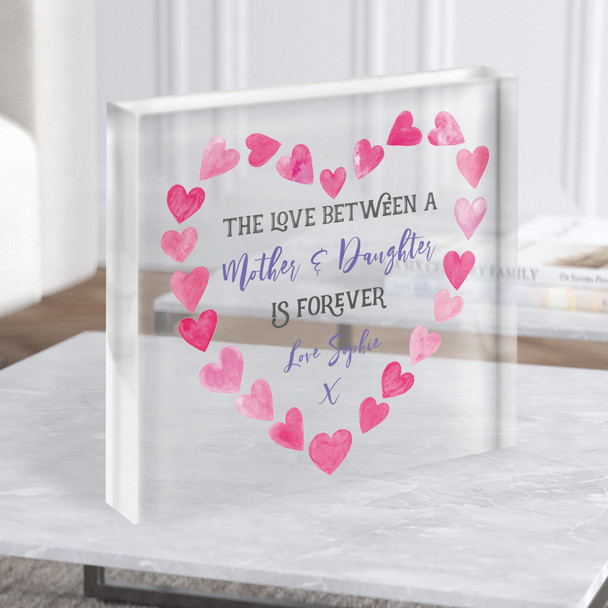Love Between A Mother And Daughter Pink Hearts Square Personalised Acrylic Block