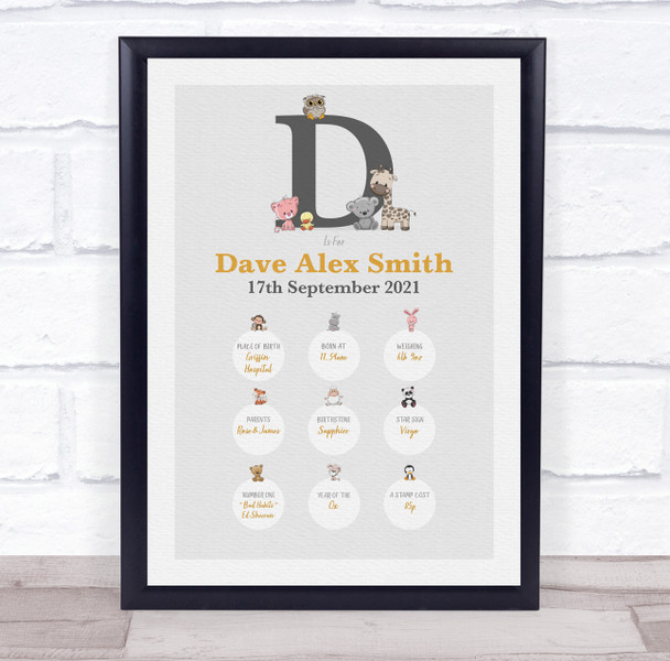 New Baby Birth Details Christening Nursery Animals Initial D Keepsake Gift Print