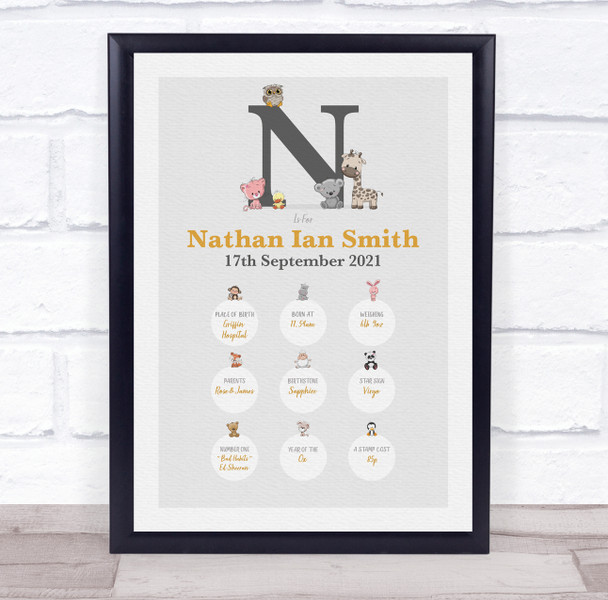 New Baby Birth Details Christening Nursery Animals Initial N Keepsake Gift Print