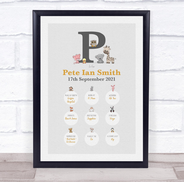 New Baby Birth Details Christening Nursery Animals Initial P Keepsake Gift Print