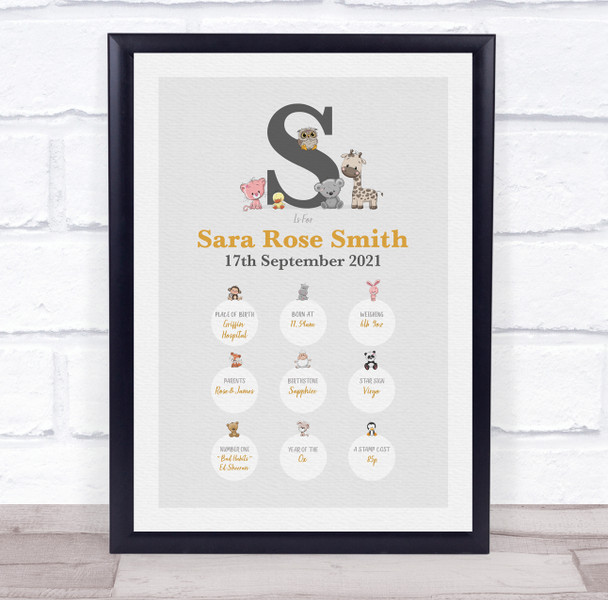 New Baby Birth Details Christening Nursery Animals Initial S Keepsake Gift Print