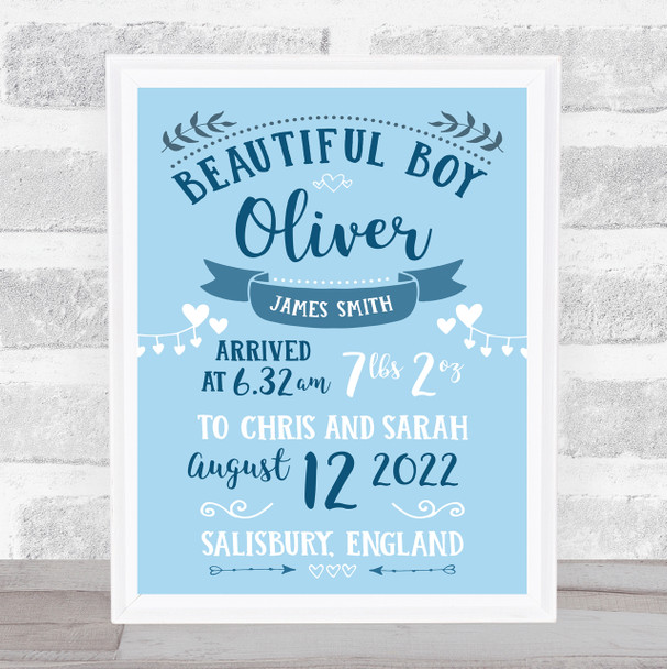 New Baby Birth New-born Nursery Christening Blue Typographic Keepsake Gift Print