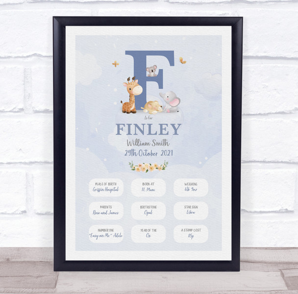 New Baby Birth Details Christening Nursery Blue Initial F Keepsake Gift Print