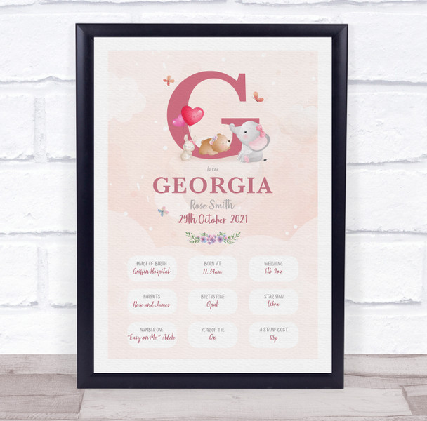 New Baby Birth Details Christening Nursery Pink Initial G Keepsake Gift Print