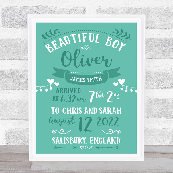 New Baby Birth Nursery Christening Green Typographic Keepsake Gift Print