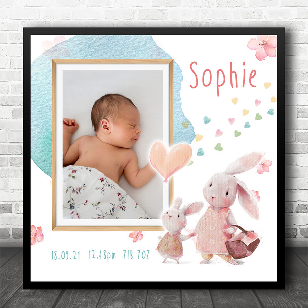 New Baby Birth Details Christening Nursery Square Photo Bunny Gift Print