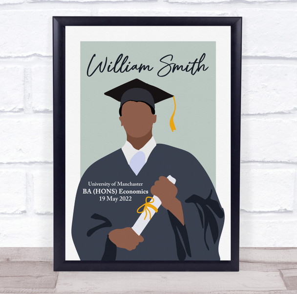 Dark Skin Graduation Boy With Diploma Personalised Wall Art Gift Print