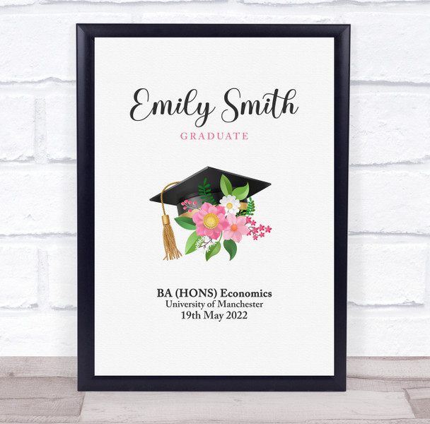 Graduation Cap And Pink Flowers Congratulations Personalised Wall Art Gift Print