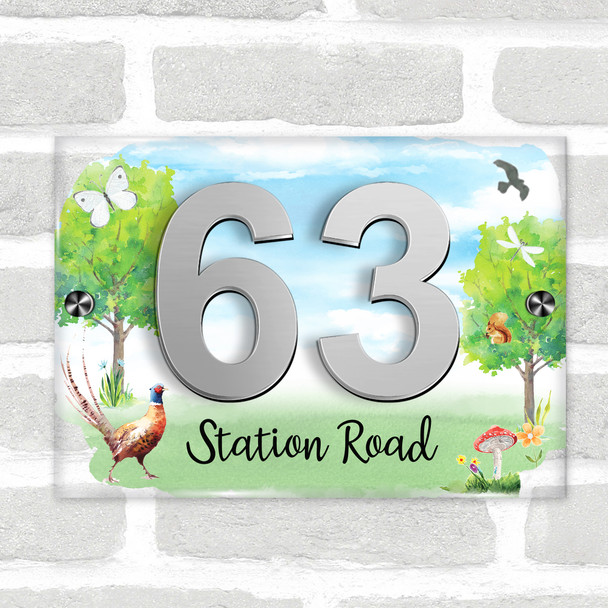 Pheasant English Countryside Garden Trees Modern Acrylic Door Number House Sign