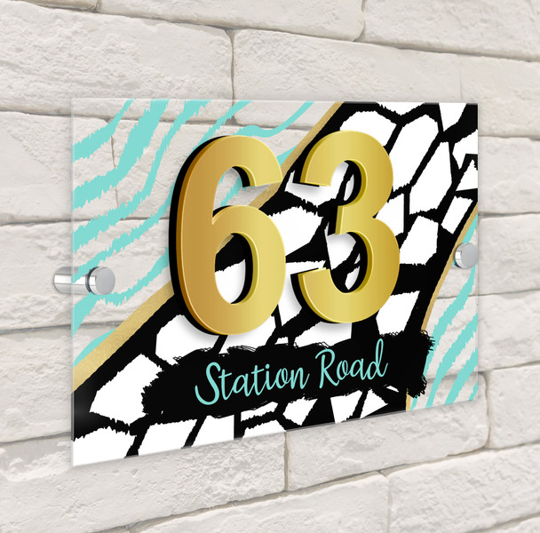 Animal Print Black Gold Teal Green Blue 3D Modern Acrylic Door Number House Sign