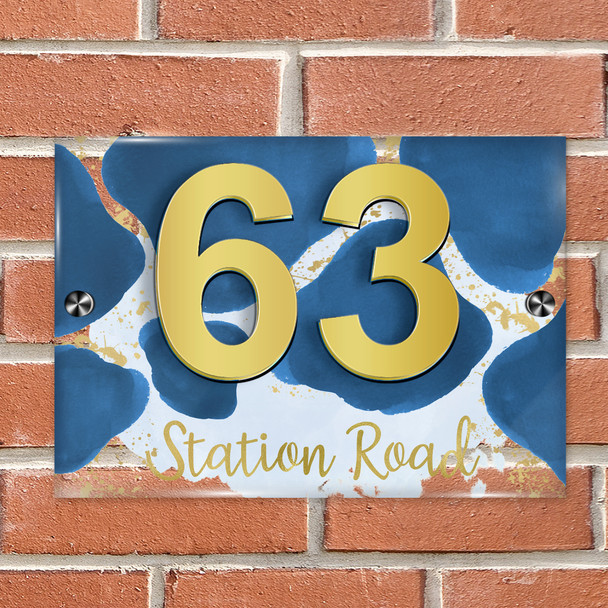 Abstract Gold Splatter Deep Royal Blue 3D Modern Acrylic Door Number House Sign