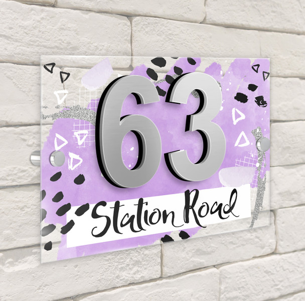 Abstract Scrapbook Light Purple Lilac 3D Modern Acrylic Door Number House Sign