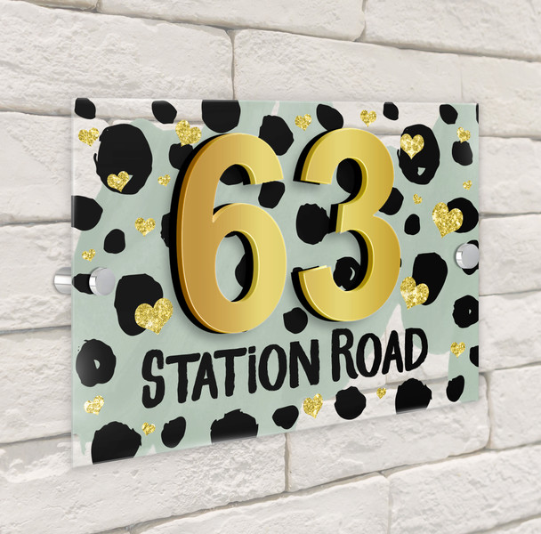Dalmatian Print Gold Heart Sage Green 3D Modern Acrylic Door Number House Sign