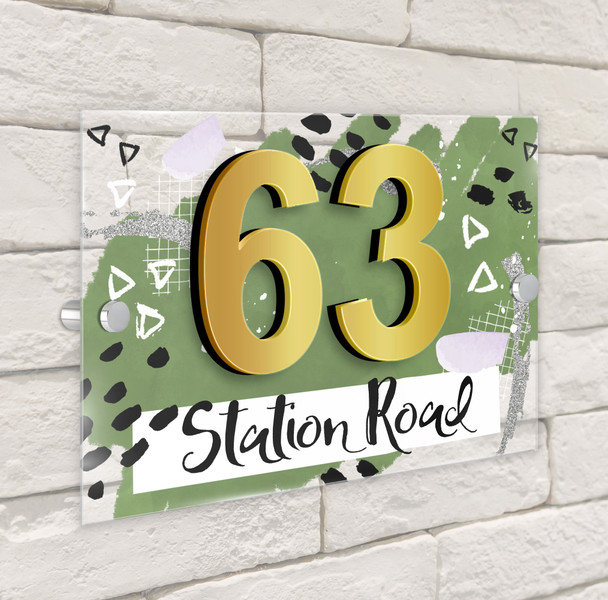 Abstract Scrapbook Dark Dusky Green 3D Modern Acrylic Door Number House Sign