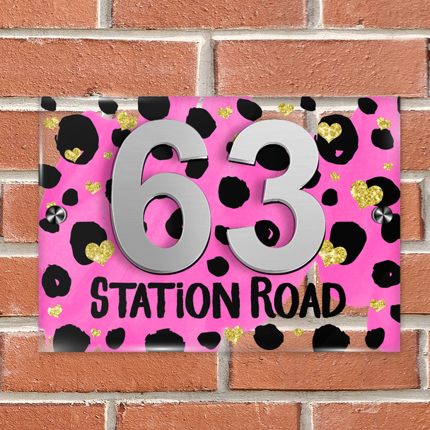 Dalmatian Print Gold Heart Hot Pink 3D Modern Acrylic Door Number House Sign