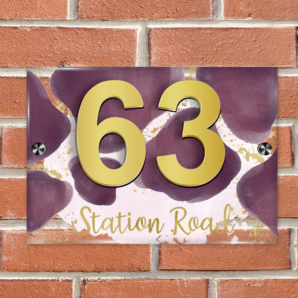 Abstract Gold Splatter Plum Purple 3D Modern Acrylic Door Number House Sign