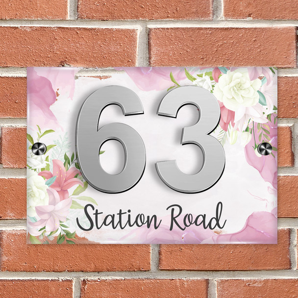 Floral Pink Flowers Nature Chic 3D Modern Acrylic Door Number House Sign