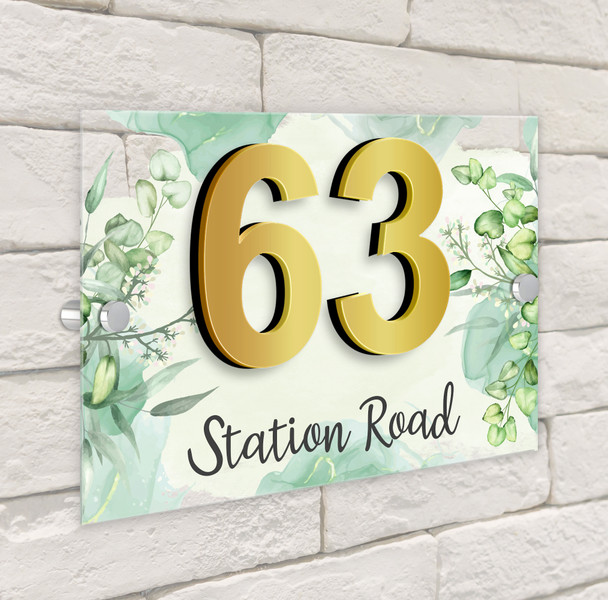 Floral Green Leaf Nature Chic 3D Modern Acrylic Door Number House Sign