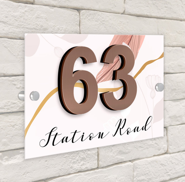 Elegant Pink & Gold Floral 3D Modern Acrylic Door Number House Sign