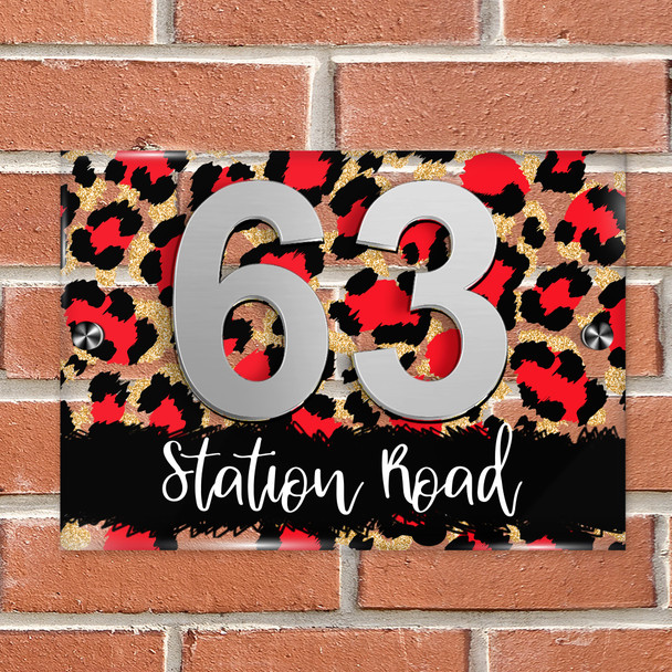 Red & Leopard Print & Gold 3D Modern Acrylic Door Number House Sign