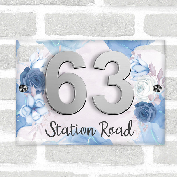 Floral Blue Flowers Chic 3D Modern Acrylic Door Number House Sign