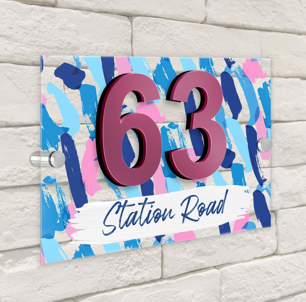 Abstract Marks Blue Pink 3D Modern Acrylic Door Number House Sign