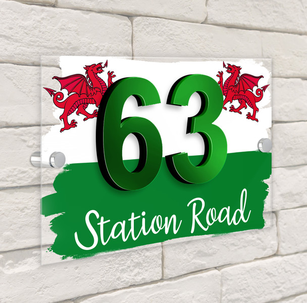 Welsh Flag Red Dragon 3D Modern Acrylic Door Number House Sign