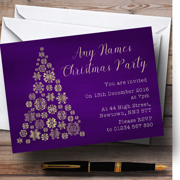 Purple & Gold Snowflake Xmas Tree Customised Christmas Party Invitations