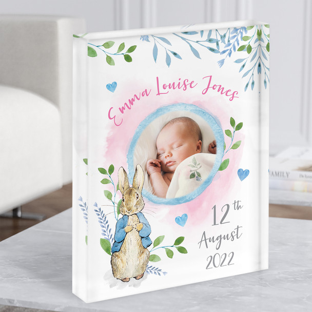 New Baby Birth Details Nursery Christening Peter Rabbit Girl Photo Acrylic Block
