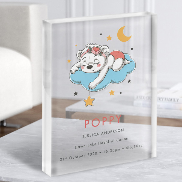 New Baby Birth Details Christening Nursery Bear Cloud Blue Gift Acrylic Block