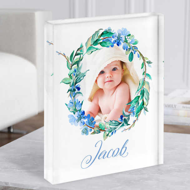 Watercolour Blue Floral Photo Name Personalised Children's Gift Acrylic Block