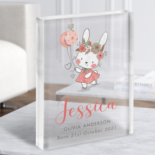 New Baby Birth Details Christening Nursery Girl Bunny Balloons Acrylic Block