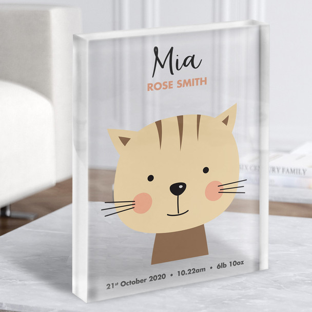 New Baby Birth Details Nursery Christening Cute Cat Face Gift Acrylic Block