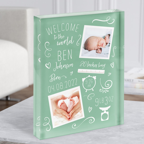 New Baby Birth Details Typographic Doodle 2 Photos Green Gift Acrylic Block