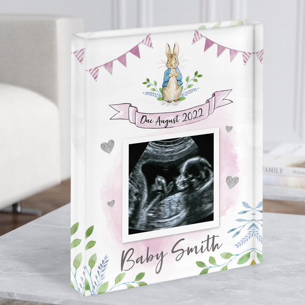 Peter Rabbit Baby Girl Pink Pregnancy Reveal Due Date Scan Photo Acrylic Block