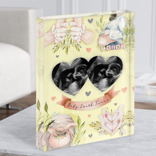 Yellow Baby Twins Pregnancy Scan Picture Photo Keepsake Gift Acrylic Block