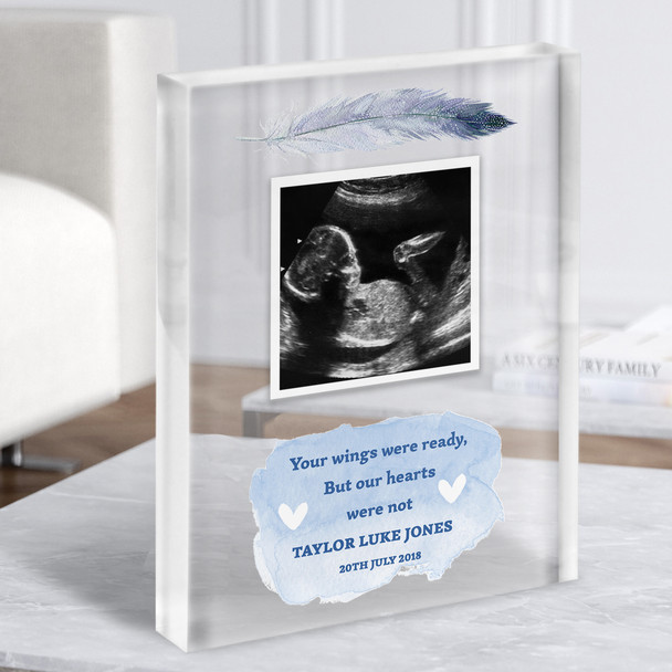 Baby Loss Miscarriage Memorial Photo Scan Picture Blue Feather Acrylic Block