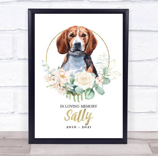 Beagle Pet Memorial Peach Gold Floral Wreath Personalised Gift Print