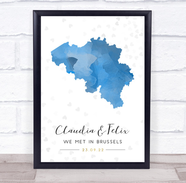 Belgium Special Date Watercolour Blue Grey Hearts Personalised Gift Print