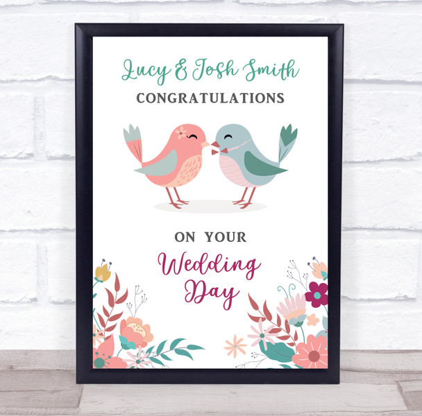 Congratulations Your Wedding Day Love Birds Floral Personalised Gift Print