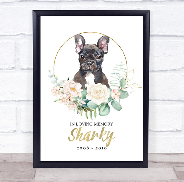 French Bulldog Pet Memorial Peach Gold Floral Wreath Personalised Gift Print