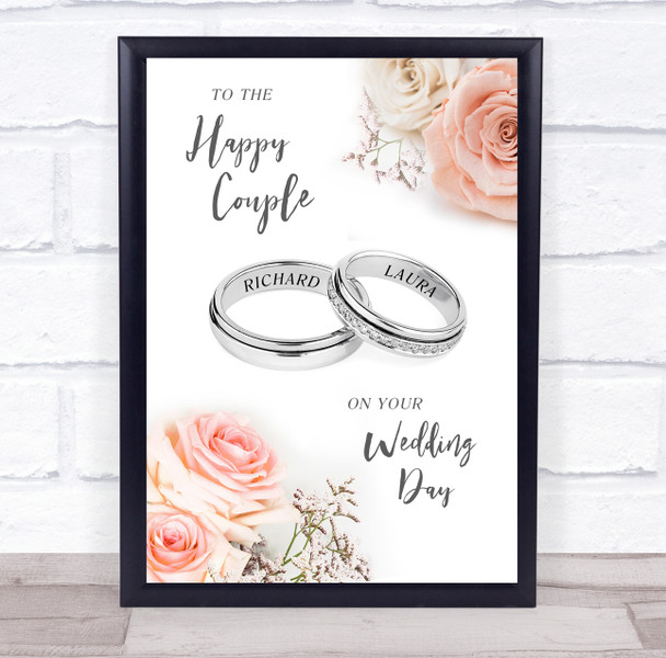 Happy Couple Silver Rings Wedding Pink Roses Married Personalised Gift Print